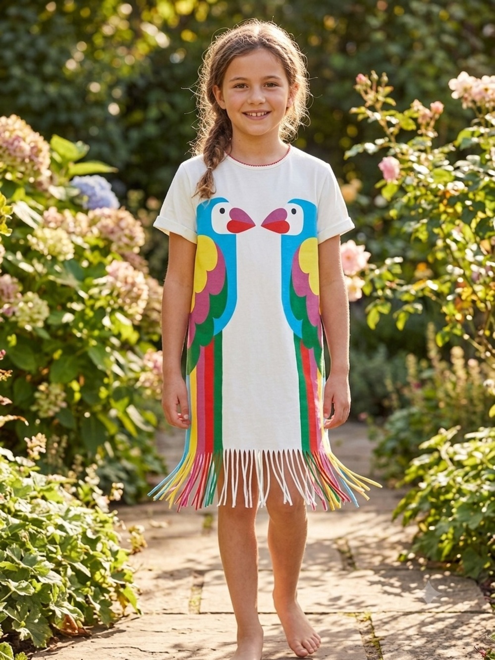 Stella McCartney Kids Parrot Print T-Shirt Dress Size 10 Cotton Fun Fringe Tunic